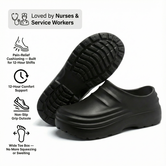 NursePro™ 12-Hour Shift Clogs – Built-In Arch Support for Plantar Fasciitis, Wide Toe Box, Non-Slip